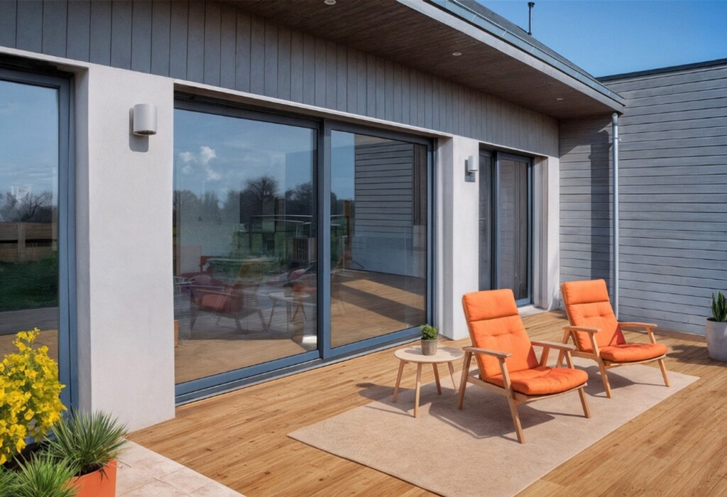 extérieur de maison moderne avec des coulissants mixtes