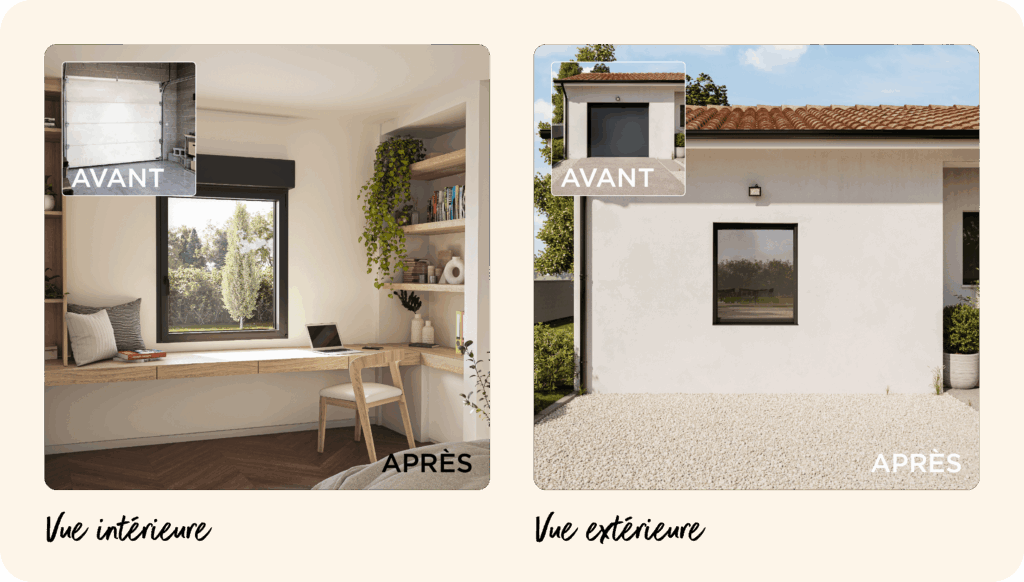 avant après d'une transformation d'un garage en une chambre avec une fenetre en aluminium