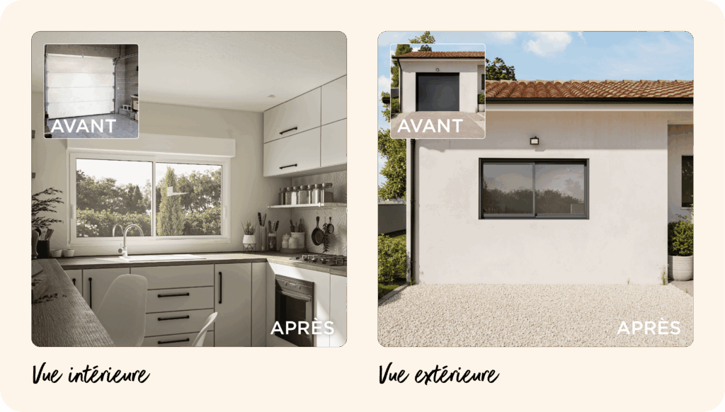 transformation d'un garage en une cuisine moderne avec un chassis aluminium coulissant 