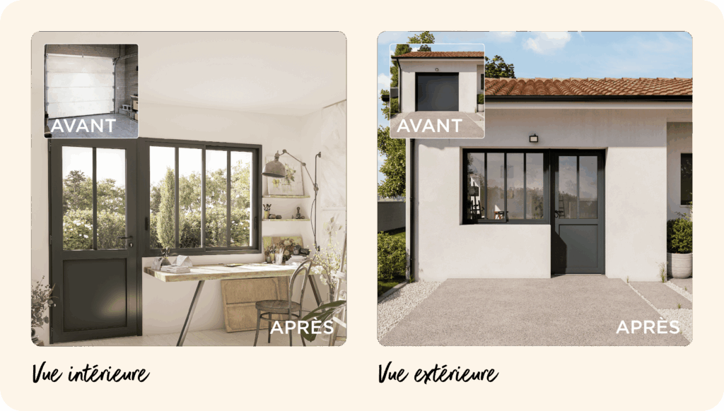 transformation d'un garage en atelier d'artiste avec une composition vitrée en aluminium avec une porte d'entrée et un coulissant alu