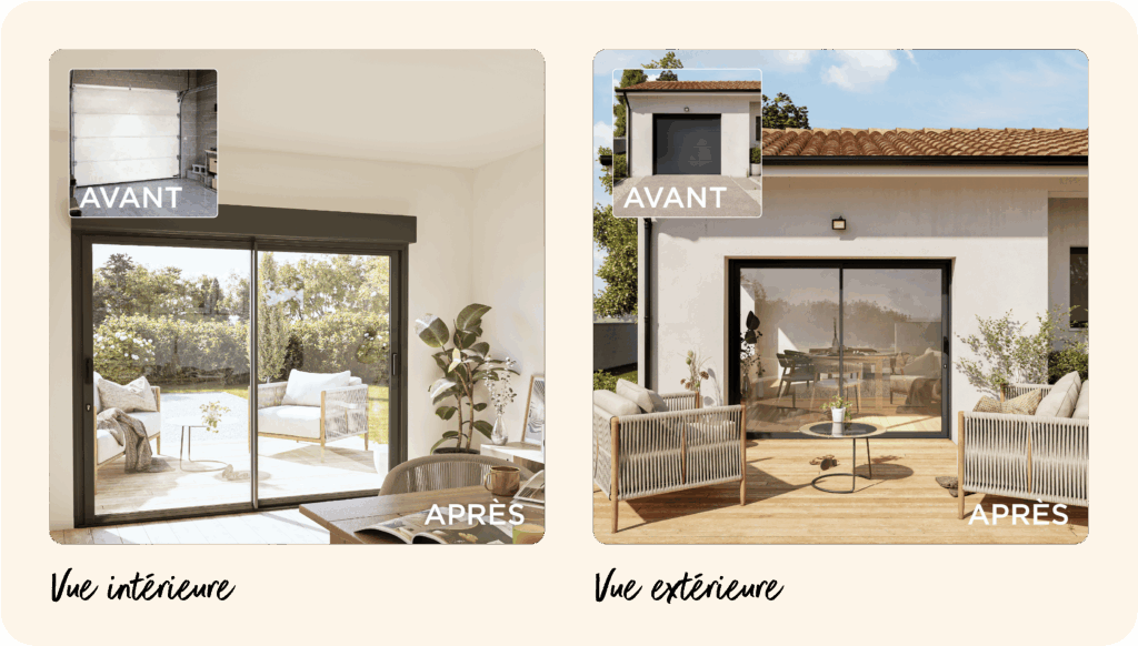 avant après d'une transformation d'un garage en séjour cuisine avec une baie coulissante en aluminium