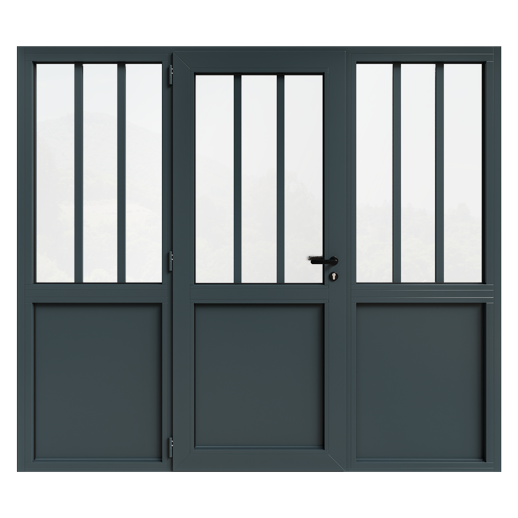 une porte d'entrée en aluminium style atelier avec deux fixes vitrés coordonnés 