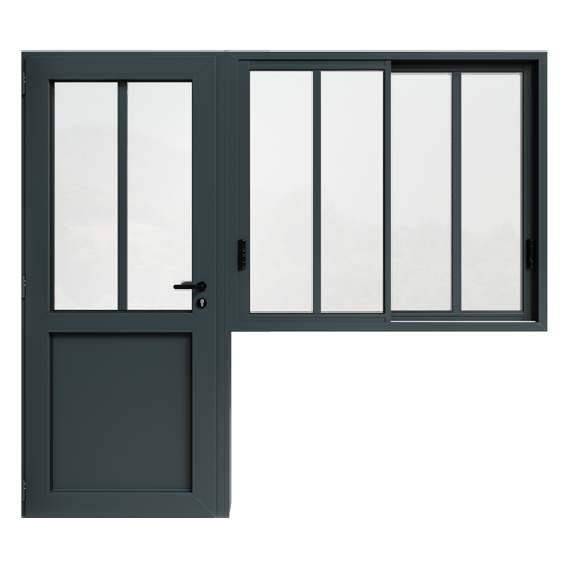 composition sur mesure en aluminium style atelier avec une porte d'entrée et un coulissant en aluminium