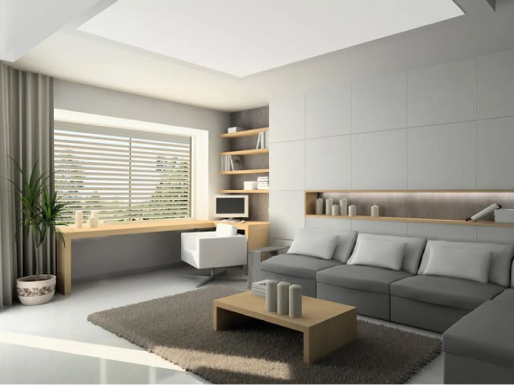 intérieur de maison moderne avec une fenetre avec des volets roulants à lames orientables